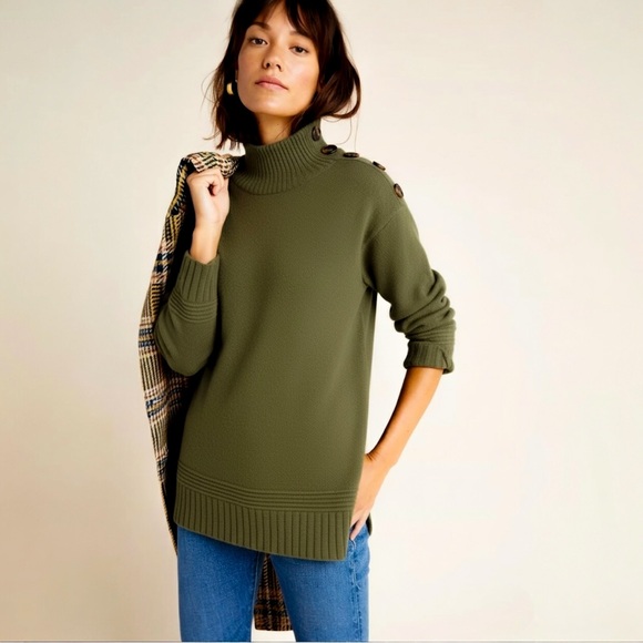 Anthropologie Sweaters - Anthropologie Margarita Tunic Sweater Moss Green Mock Neck Button Shoulder NWT M